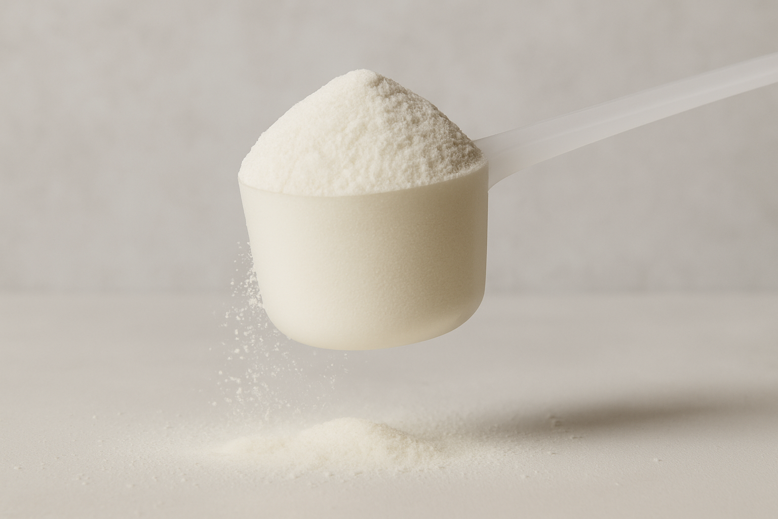 White powder being measured with a white measuring spoon on a light gray background